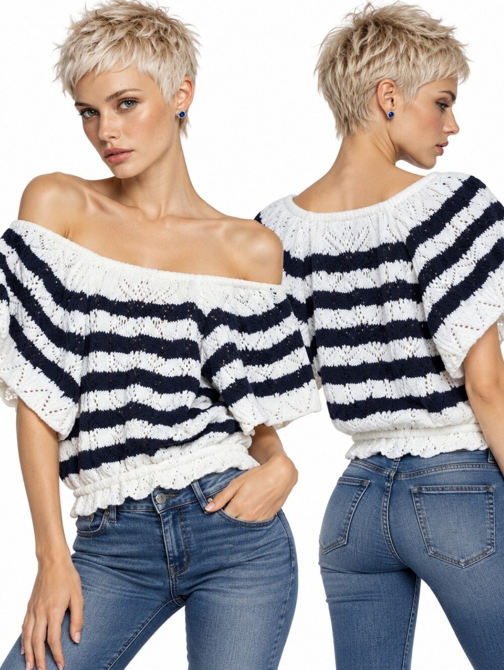 NWT Love by Design Lala Ruffle Striped Open Knit Top On / Off The Shoulders